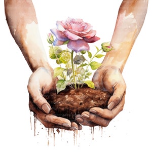 10 mains avec des cliparts de terre et de fleurs, clipart aquarelle imprimable, fichiers JPG de haute qualité, téléchargement numérique, créations en papier, journaux indésirables