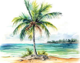 May include: Watercolor painting of a palm tree on a beach with turquoise water and a sandy shore. The palm tree has green leaves and brown coconuts.
