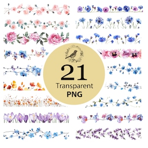 Clipart de bordure florale sans couture, 21 PNG, bordure de fleurs, clipart numérique, clipart aquarelle, téléchargement numérique, créations en papier, journaux indésirables