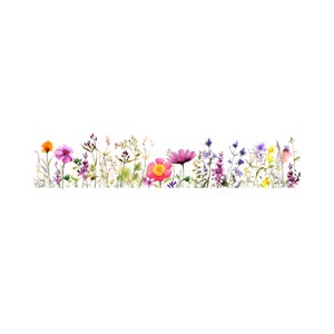 Peut inclure: Peinture &agrave; l'aquarelle d'un champ de fleurs sauvages dans des tons de rose, violet, jaune et orange. Les fleurs sont dispos&eacute;es en rang&eacute;e en bas de l'image.