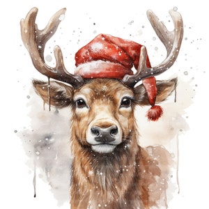 12 Deer With Santa Hat Clipart, Reindeer, Fawn, Printable Watercolor ...