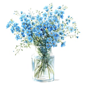 8 ワスレナグサの花瓶のクリップアート セット 2、ワスレナグサの花束、印刷可能な水彩クリップアート、高品質の JPG、デジタル ダウンロード、ペーパー クラフト
