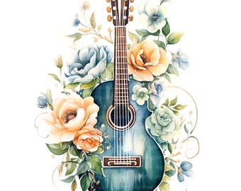 May include: A watercolour painting of a blue acoustic guitar with a brown neck and strings. The guitar is surrounded by a variety of flowers in shades of blue, yellow, and green.