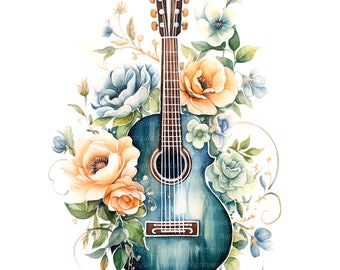 10 Vintage Floral Guitar Clipart, Printable Watercolor clipart, High Quality JPGs, Digital download, Paper craft, junk journals