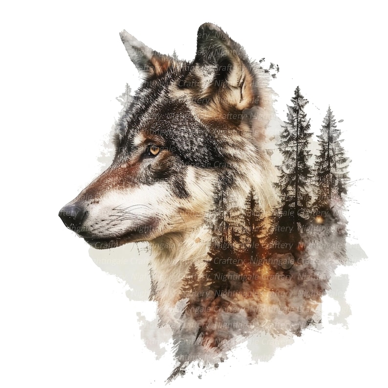 May include: A watercolor-style illustration of a wolf in profile, featuring a blend of brown, gray, and white fur. The image incorporates a forest scene within the wolf's form, with tall, dark trees and a misty background.