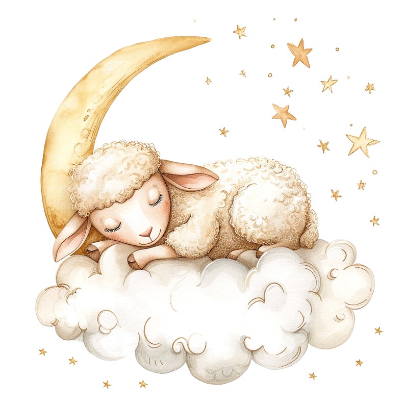 May include: A watercolor illustration of a white sheep sleeping on a fluffy cloud with a crescent moon behind it. The background is filled with small gold stars.
