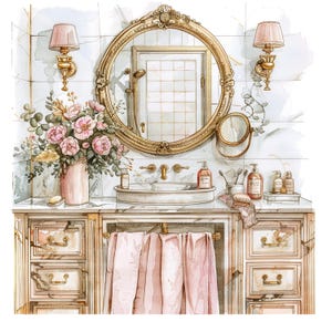 16 cliparts floraux vintage de salle de bain, Shabby Chic, clipart aquarelle imprimable, JPG de haute qualité, téléchargement numérique, créations en papier, journal indésirable