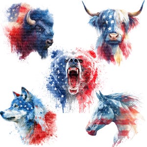 16 Patriotic Animals Clipart, USA Flag, Independence day, Printable Watercolor clipart, High Quality PNGs, Digital download, Paper craft