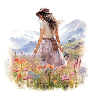 10 Woman In Wildflower field Clipart, clipart acquerello stampabile, JPG di alta qualità, download digitale, artigianato di carta, diario spazzatura
