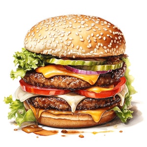Op de afbeelding: Een dubbele cheeseburger met sla, tomaat, ui, augurken en gesmolten kaas. De burger is bedekt met sesamzaadjes en heeft een gedruppelde saus.