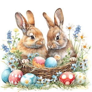 Juego de 12 imágenes prediseñadas de conejito de Pascua, huevos de Pascua, imágenes prediseñadas de acuarela imprimibles, JPG/PNG de alta calidad, descarga digital, manualidades de papel, diarios basura