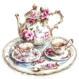 10 Clipart di set da tè vintage, set di porcellana floreale, clipart acquerello stampabile, JPG di alta qualità, download digitale, artigianato con la carta, diari
