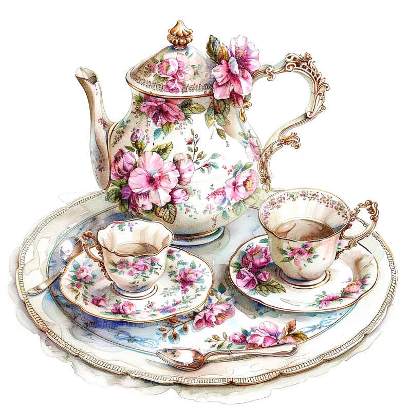 May include: A watercolor painting of a floral tea set on a silver tray. The teapot, teacups, and saucers are decorated with pink and white flowers. The tray has a blue and white floral pattern.