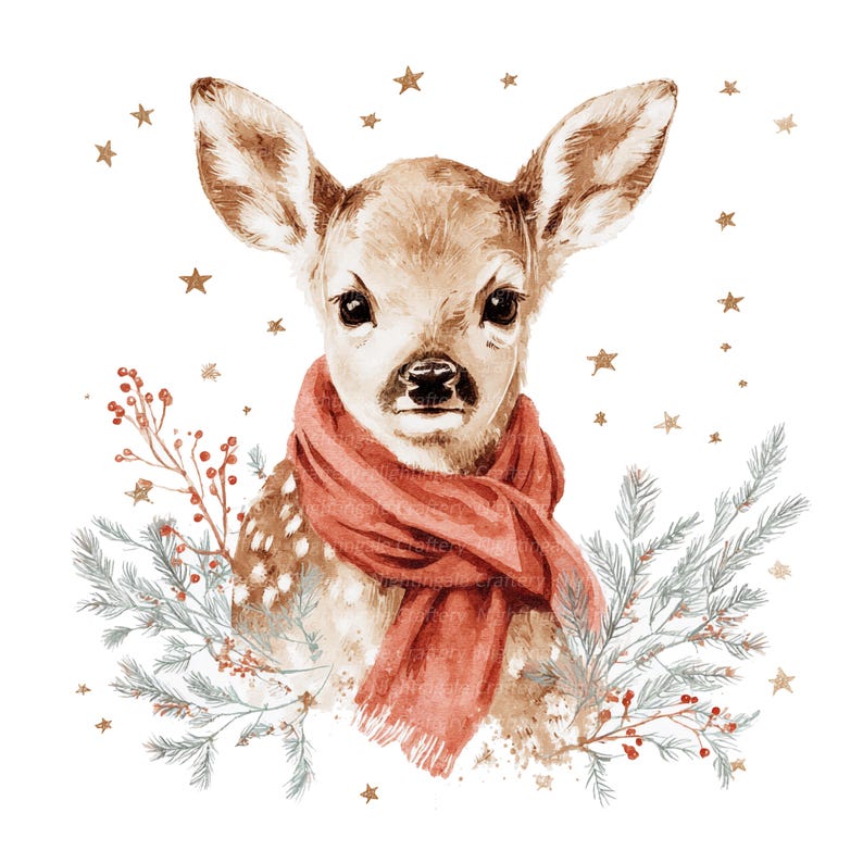 9 Christmas Fawn Clipart, Deer With Scarf, Printable Watercolor Clipart ...