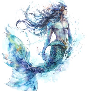 May include: A watercolor painting of a blue and green merman with long flowing blue hair. He has a human torso and a fish tail. The painting is set against a white background with splashes of blue and green paint.
