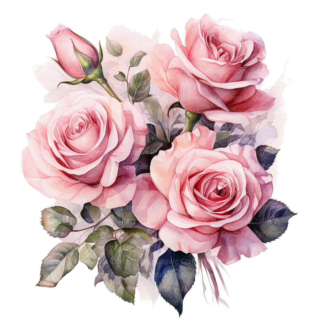 10 Pink Roses Bouquet Clipart, Wedding Bouquet, Printable Watercolor ...