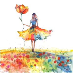 10 Clipart fille et fleur, impression florale de fille, clipart aquarelle imprimable, PNG de haute qualité, téléchargement numérique, créations en papier, journal indésirable
