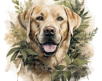 10 Golden Labrador in Greenery Clipart, Printable Watercolor clipart, High Quality JPGs, Digital download, Paper craft, junk journals