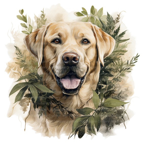 10 Golden Labrador in Greenery Clipart, Printable Watercolor clipart, High Quality JPGs, Digital download, Paper craft, junk journals