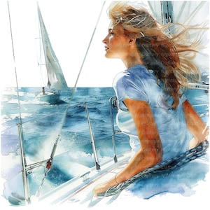 10 Woman On Yacht Clipart, Woman Sailing, Clipart acquerello stampabile, JPG di alta qualità, download digitale, sublimazione, diari spazzatura