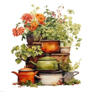 Könnte beinhalten: Ein Stillleben in Aquarell mit einem Stapel antiker Töpfe und Pfannen, umgeben von verschiedenen Blumen und Pflanzen in Töpfen.