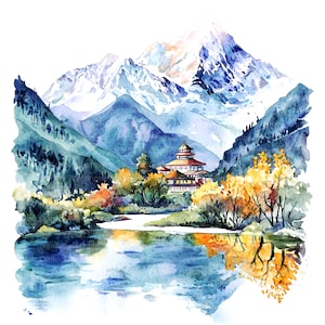8 Tibetaans landschap, kunst aan de muur Tibet, afdrukbare aquarel clipart, hoge kwaliteit jpg's, digitale download, papier ambacht, junk journal