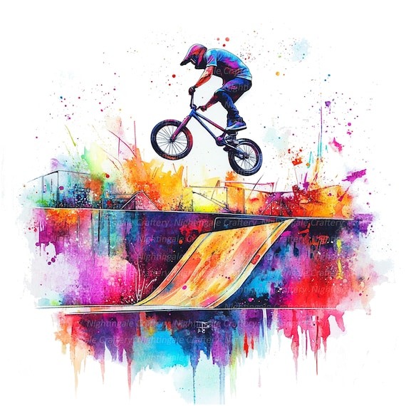 10 BMX Clipart, BMX Race, Bmx Bike at Park, Printable Watercolor