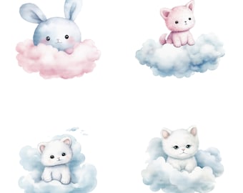 16 Animals in Clouds Clipart, Nursery Prints, Printable Watercolor clipart, High Quality JPGs, Digital download, Paper craft, Junk journal