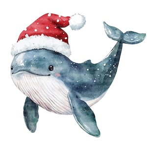 8 Cartoon Whale Clipart, Christmas Whale Illustration, Printable Watercolor clipart, Transparent JPG, Digital download, Paper craft, journal