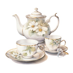 Peut inclure: Une th&eacute;i&egrave;re en porcelaine blanche avec une bordure dor&eacute;e et un motif floral, accompagn&eacute;e de deux tasses &agrave; th&eacute; et soucoupes assorties. La th&eacute;i&egrave;re a un couvercle avec un bouton et un bec verseur. Les tasses &agrave; th&eacute; ont une bordure dor&eacute;e et un motif floral. Les soucoupes sont blanches avec une bordure dor&eacute;e.
