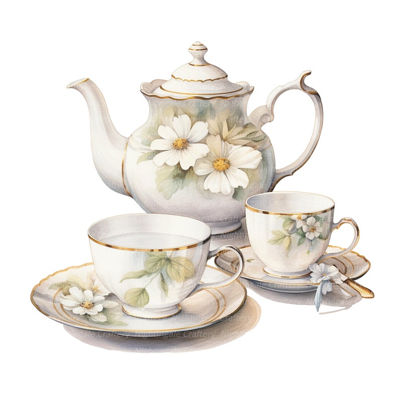 Peut inclure: Une th&eacute;i&egrave;re en porcelaine blanche avec une bordure dor&eacute;e et un motif floral, accompagn&eacute;e de deux tasses &agrave; th&eacute; et soucoupes assorties. La th&eacute;i&egrave;re a un couvercle avec un bouton et un bec verseur. Les tasses &agrave; th&eacute; ont une bordure dor&eacute;e et un motif floral. Les soucoupes sont blanches avec une bordure dor&eacute;e.