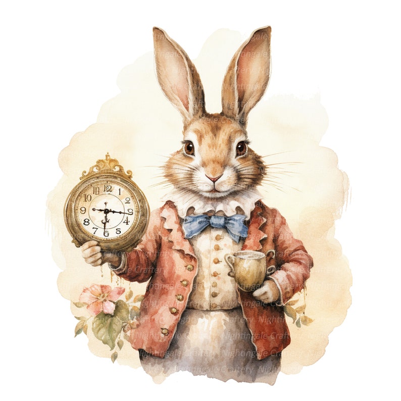 May include: A watercolor illustration of a brown rabbit wearing a red jacket, a blue bow tie, and a white shirt. The rabbit is holding a gold pocket watch with Roman numerals and a cup of tea.
