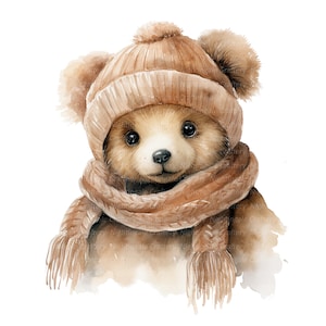 10 Bär im Wollhut Clipart, Winterbär, druckbare Aquarell Clipart, hochwertige JPGs, digitaler Download, Papiermodell, Junk Journal