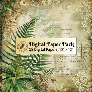 18 documenti di sfondo Vintage Fern, pacchetto di carta digitale 12 x 12, carta per diario spazzatura, carta per album, carta stampabile, JPG di alta qualità