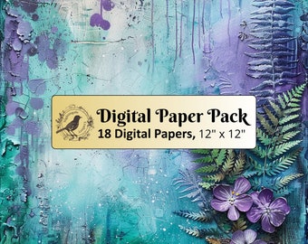 18 Vintage Fern foliage papers, 12 x 12 Digital Paper pack, Junk Journal Paper, Scrapbook paper, Printable Paper, High Quality JPGs