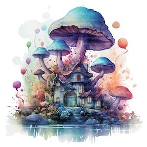 12 clipart maison fée champignon champignon magique, clipart aquarelle imprimable, fichiers JPG de haute qualité, téléchargement numérique, haute résolution, créations en papier
