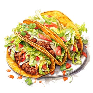 May include: Three crispy golden brown tacos filled with ground beef, lettuce, tomato, and a creamy sauce. The tacos are arranged on a white plate with a few drops of sauce.