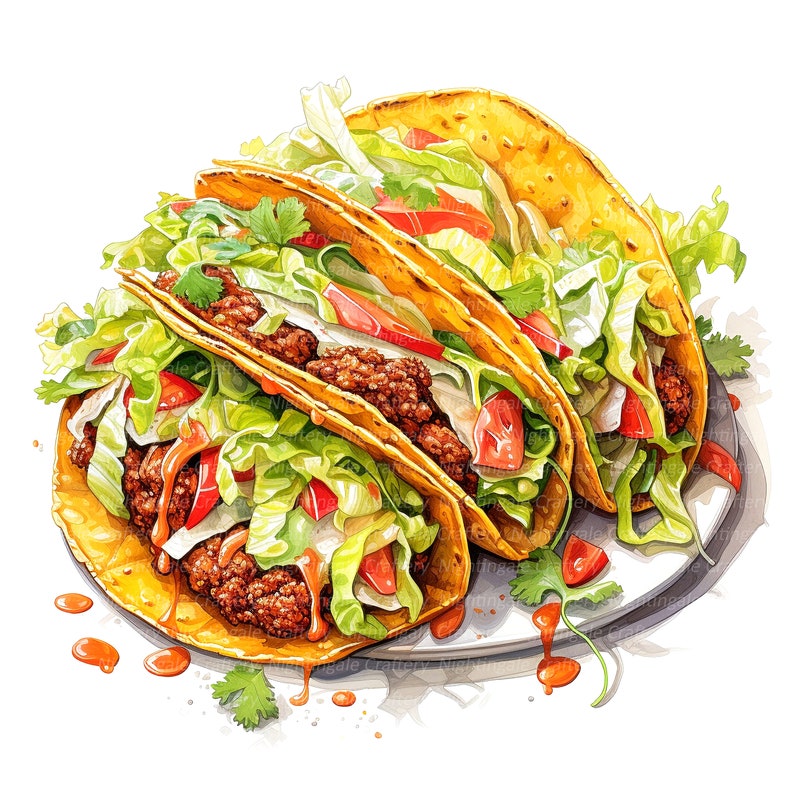May include: Three crispy golden brown tacos filled with ground beef, lettuce, tomato, and a creamy sauce. The tacos are arranged on a white plate with a few drops of sauce.