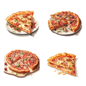 May include: Four different pizzas with various toppings, including pepperoni, mushrooms, and bacon. The pizzas are on white plates and wooden cutting boards.