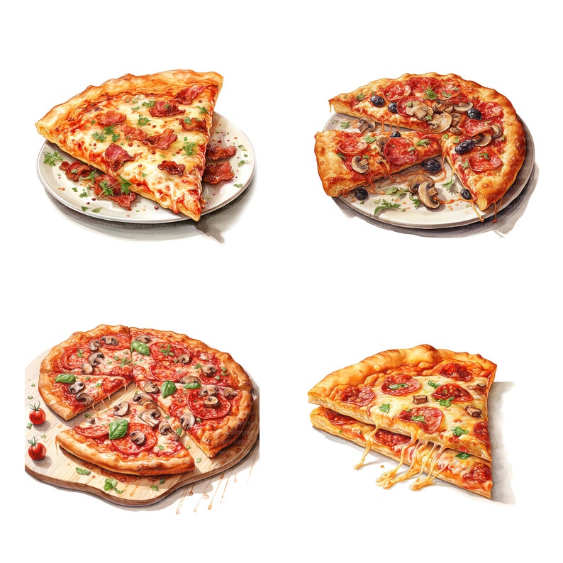 May include: Four different pizzas with various toppings, including pepperoni, mushrooms, and bacon. The pizzas are on white plates and wooden cutting boards.