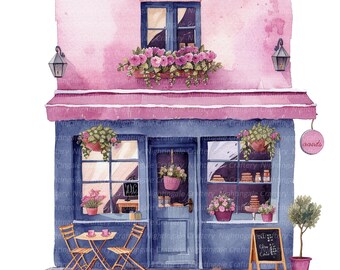 12 Street Cafe Clipart, Purple Cafe Drawing, Printable Watercolor clipart, High Quality PNGs, Digital download, Paper craft, junk journal