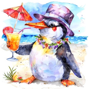12 imágenes prediseñadas de pingüinos hawaianos, pingüino en la playa, imágenes prediseñadas de acuarela imprimibles, archivos JPG de alta calidad, descarga digital, manualidades de papel, diarios basura