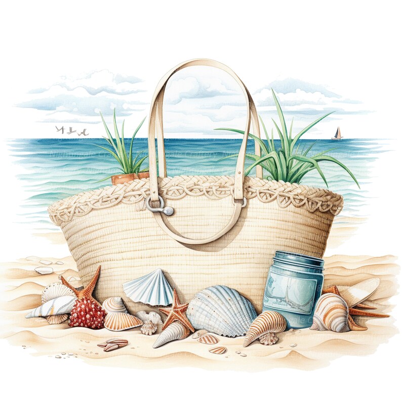 May include: A woven straw beach bag with leather handles, filled with seashells and a glass jar. The bag is sitting on a sandy beach with the ocean in the background.