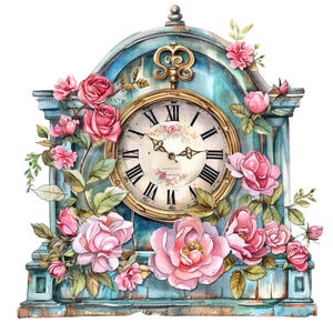11 cliparts vintage horloge florale, horloge victorienne, clipart aquarelle imprimable, fichiers JPG de haute qualité, téléchargement numérique, créations en papier, journaux intimes