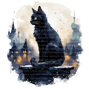 14 schwarze Katze auf dem Dach Clipart, druckbare Aquarell Clipart, hochwertige JPGs, digitaler Download, Papiermodell, Junk Journals
