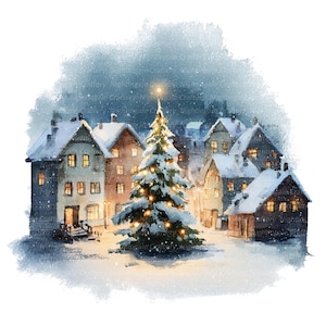 Clipart acquerello del villaggio di Natale: arte per biglietti di auguri (download digitale in formato JPG)