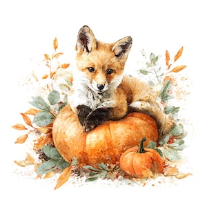 May include: Watercolor illustration of a fox cub resting on a large orange pumpkin, with a smaller pumpkin nearby. The artwork features autumn leaves and foliage in shades of orange, green, and brown, creating a seasonal theme.
