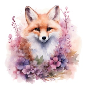 8 clipart renard floral, renard aquarelle, clipart aquarelle imprimable, fichiers JPG de haute qualité, téléchargement numérique, haute résolution, créations en papier