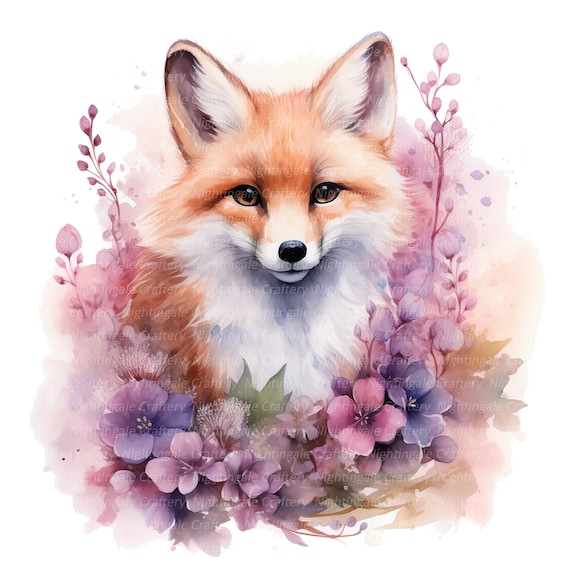 8 Floral Fox Clipart, Watercolor Fox, Printable Watercolor clipart, High Quality JPGs, Digital download, High resolution, Paper crafts