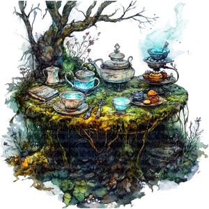 13 Dark Fantasy Forest, Fairy Tea Party Clipart, clipart aquarelle imprimable, JPG de haute qualité, téléchargement numérique, créations en papier, journal indésirable